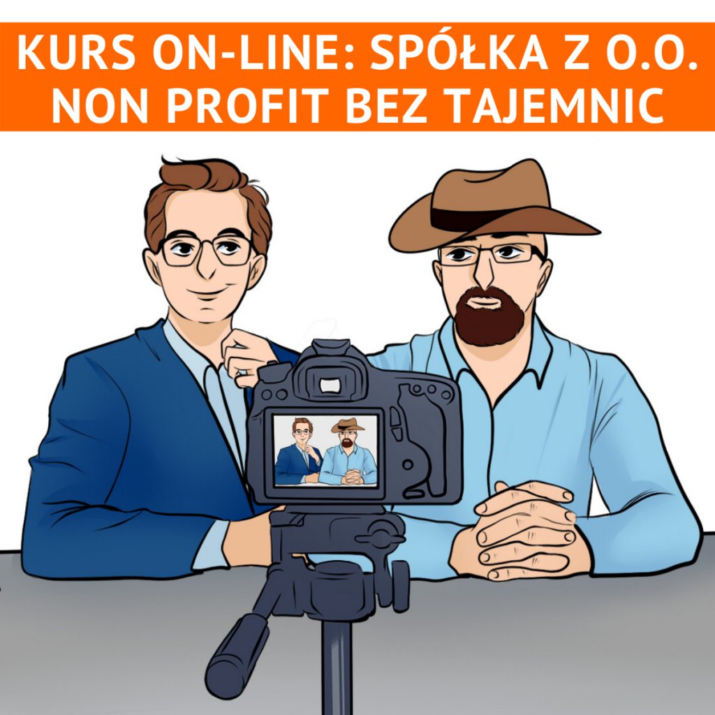 Kurs on-line: Spółka z o.o. non-profit bez tajemnic komiks przedstawiający mężczyznę z aparatem i mężczyznę w kapeluszu.