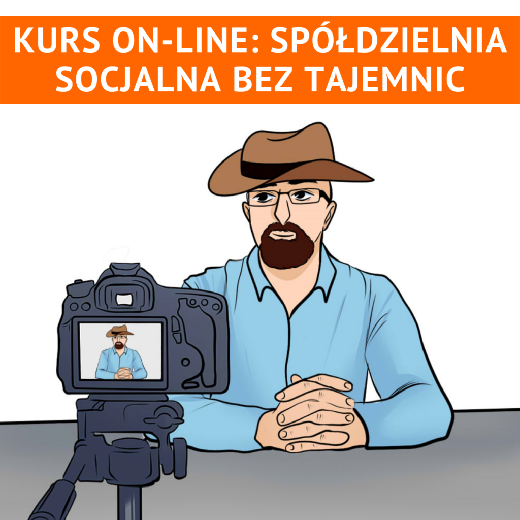 Karykatura przedstawiająca mężczyznę w kapeluszu i kamerze pracującego dla Kursu on-line: Spółdzielnia socjalna bez tajemnic.