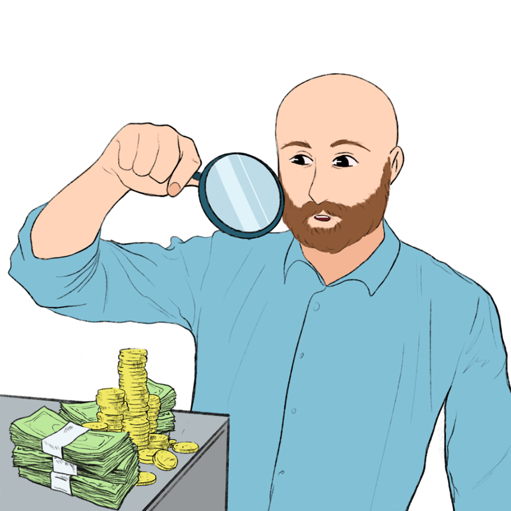 Mężczyzna sprawdzający pieniądze przez szkło powiększające w Przedsiębiorstwie Społecznym.