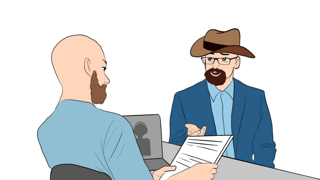 Przedstawiciel Przedsiębiorstwa Społecznego w kapeluszu rozmawia z mężczyzną w garniturze.