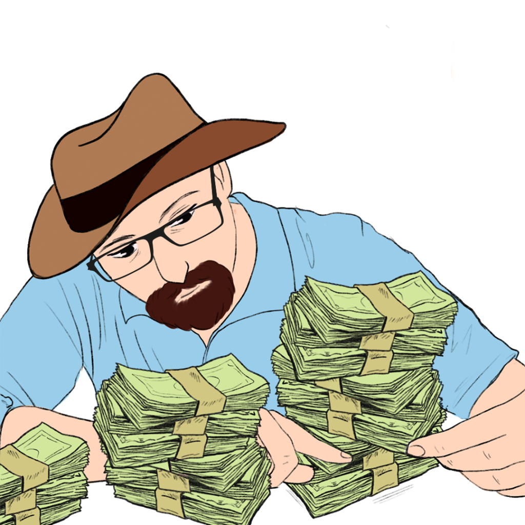 Mężczyzna z Przedsiębiorstwa Społecznego w kapeluszu i okularach siedzi na stosie pieniędzy.